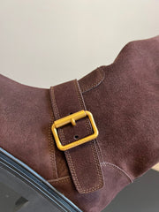 PRADA 25S HIGH-CUT PLATFORM BOOTS IN BROWN SUEDE WITH GOLD HARDWARE