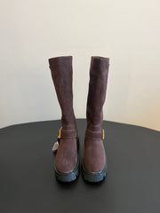 PRADA 25S HIGH-CUT PLATFORM BOOTS IN BROWN SUEDE WITH GOLD HARDWARE
