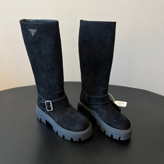 PRADA 25S HIGH-CUT PLATFORM BOOTS IN BLACK SUEDE WITH SILVER HARDWARE