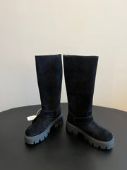 PRADA 25S HIGH-CUT PLATFORM BOOTS IN BLACK SUEDE WITH SILVER HARDWARE