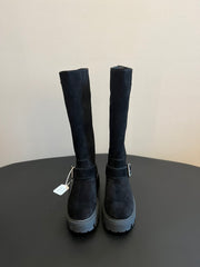 PRADA 25S HIGH-CUT PLATFORM BOOTS IN BLACK SUEDE WITH SILVER HARDWARE