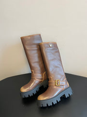PRADA 25S HIGH-CUT PLATFORM BOOTS IN BROWN CALFSKIN WITH GOLD HARDWARE