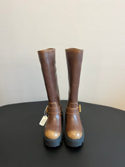 PRADA 25S HIGH-CUT PLATFORM BOOTS IN BROWN CALFSKIN WITH GOLD HARDWARE