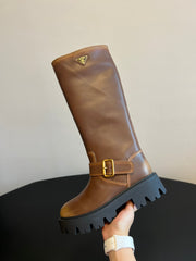 PRADA 25S HIGH-CUT PLATFORM BOOTS IN BROWN CALFSKIN WITH GOLD HARDWARE