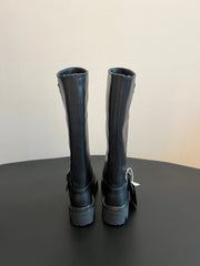 PRADA 25S HIGH-CUT PLATFORM BOOTS IN BLACK CALFSKIN WITH SILVER HARDWARE