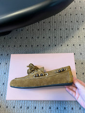 MIUMIU 26S TASSEL LOAFERS IN OLIVE BROWN SUEDE