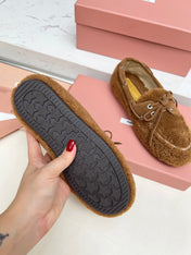 MIUMIU 26S BOAT LOAFERS IN BROWN SHEARLING