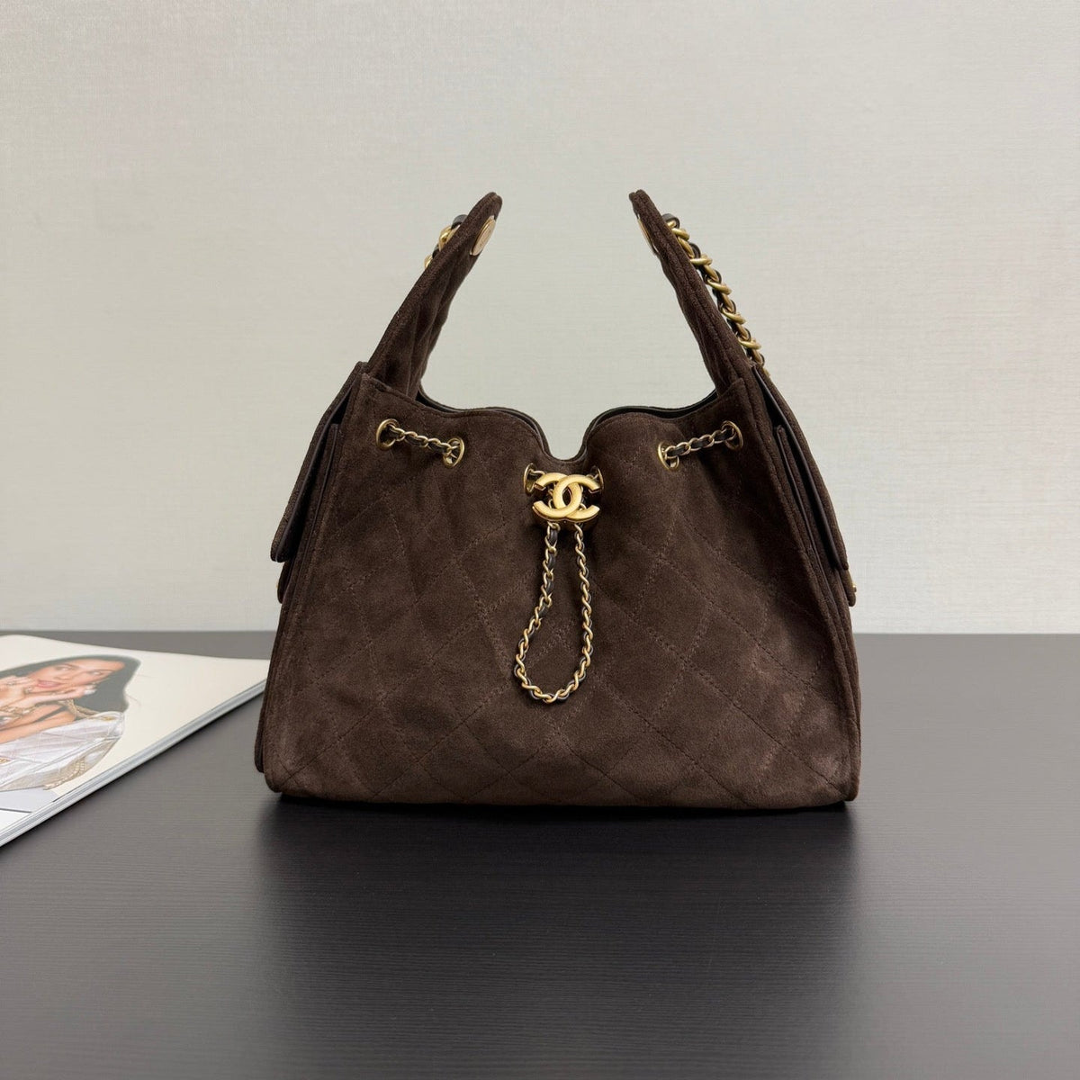 CHANEL 25S HOBO BAG 30 CM IN DARK BROWN SUEDE WITH GOLD HARDWARE