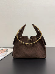 CHANEL 25S HOBO BAG 40 CM IN DARK BROWN SUEDE WITH GOLD HARDWARE