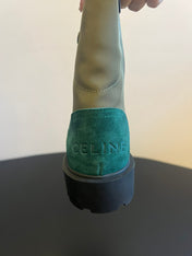 CELINE 26S LACE-UP ANKLE BOOTS IN TEAL GREEN SUEDE AND GRAYISH GREEN LAMBSKIN