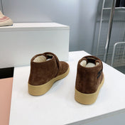 MIUMIU 25S SLIP-ON BOOTIES IN DARK BROWN SUEDE AND SHEARLING