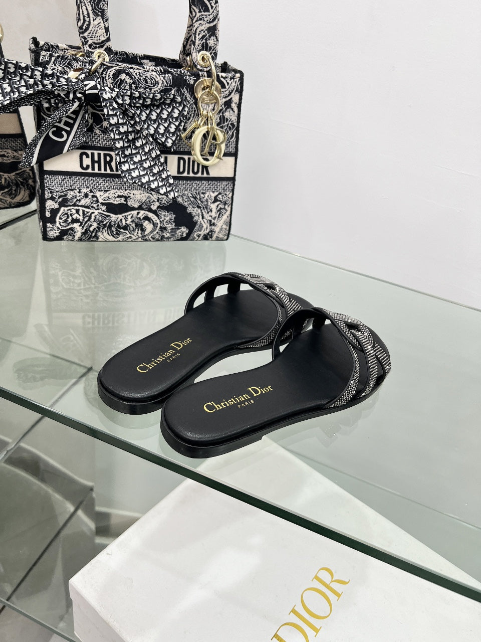 DIOR 26S D-CLUB SLIDE SANDAL IN BLACK CRYSTAL-EMBELLISHED CALFSKIN