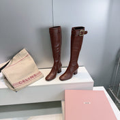 MIUMIU 25S BOOTS WITH BUCKLE 60MM IN DARK BROWN CALFSKIN