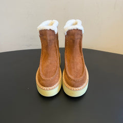 PRADA 25S PLATFORM ANKLE BOOTS 40 MM IN BROWN SUEDE SHEARLING-LINED