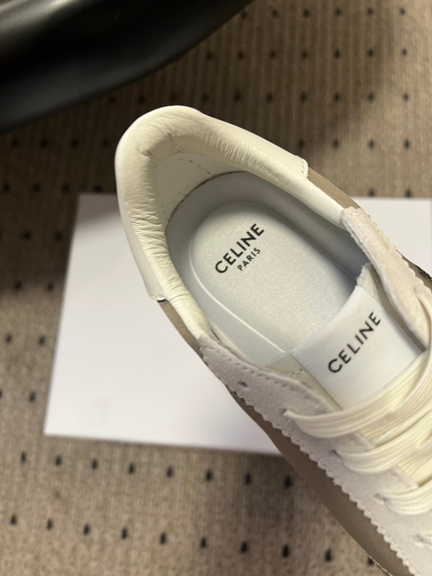 CELINE 26S RACER SNEAKERS IN WHITE SUEDE AND BEIGE GRAY FABRIC