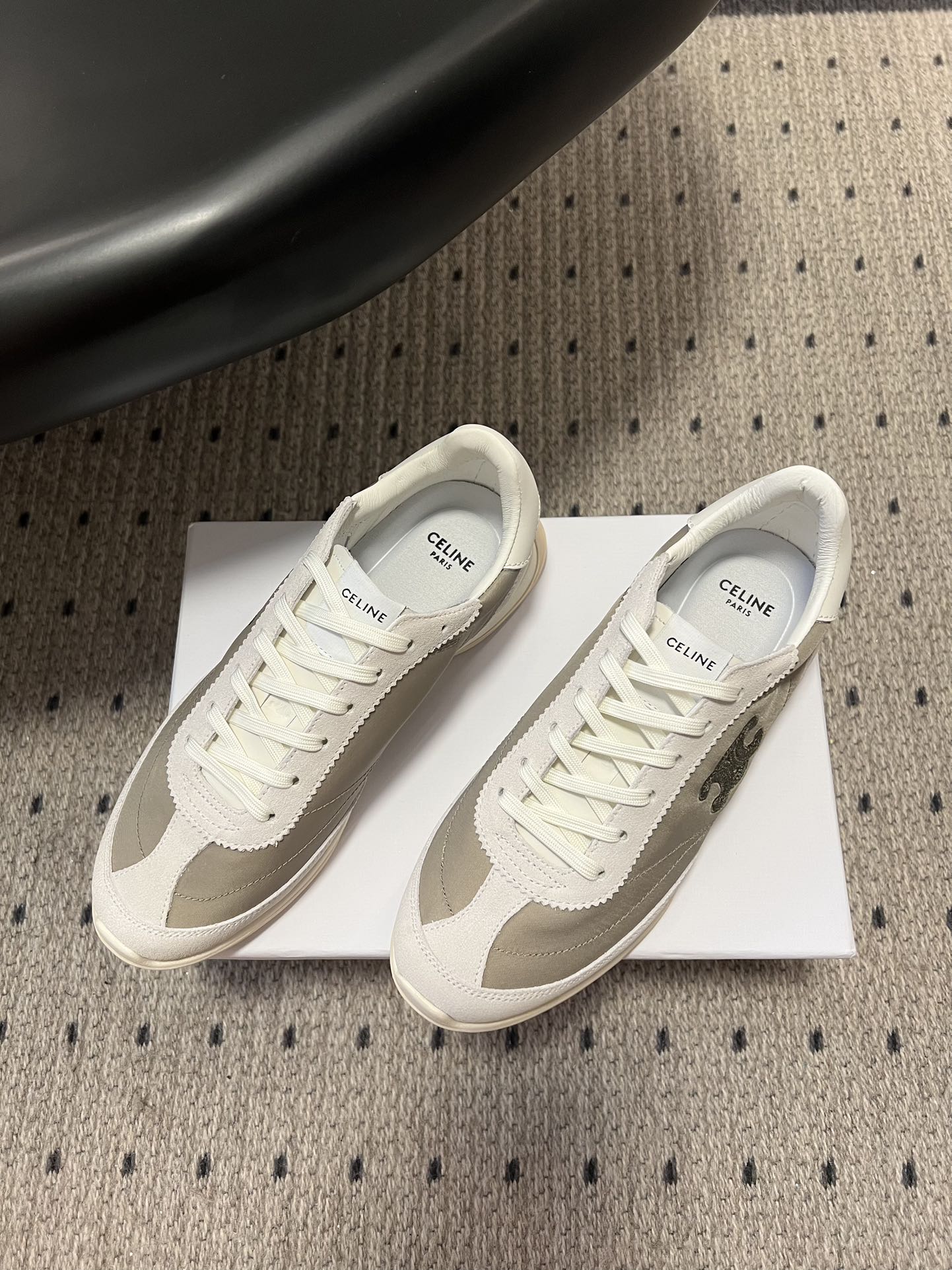 CELINE 26S RACER SNEAKERS IN WHITE SUEDE AND BEIGE GRAY FABRIC