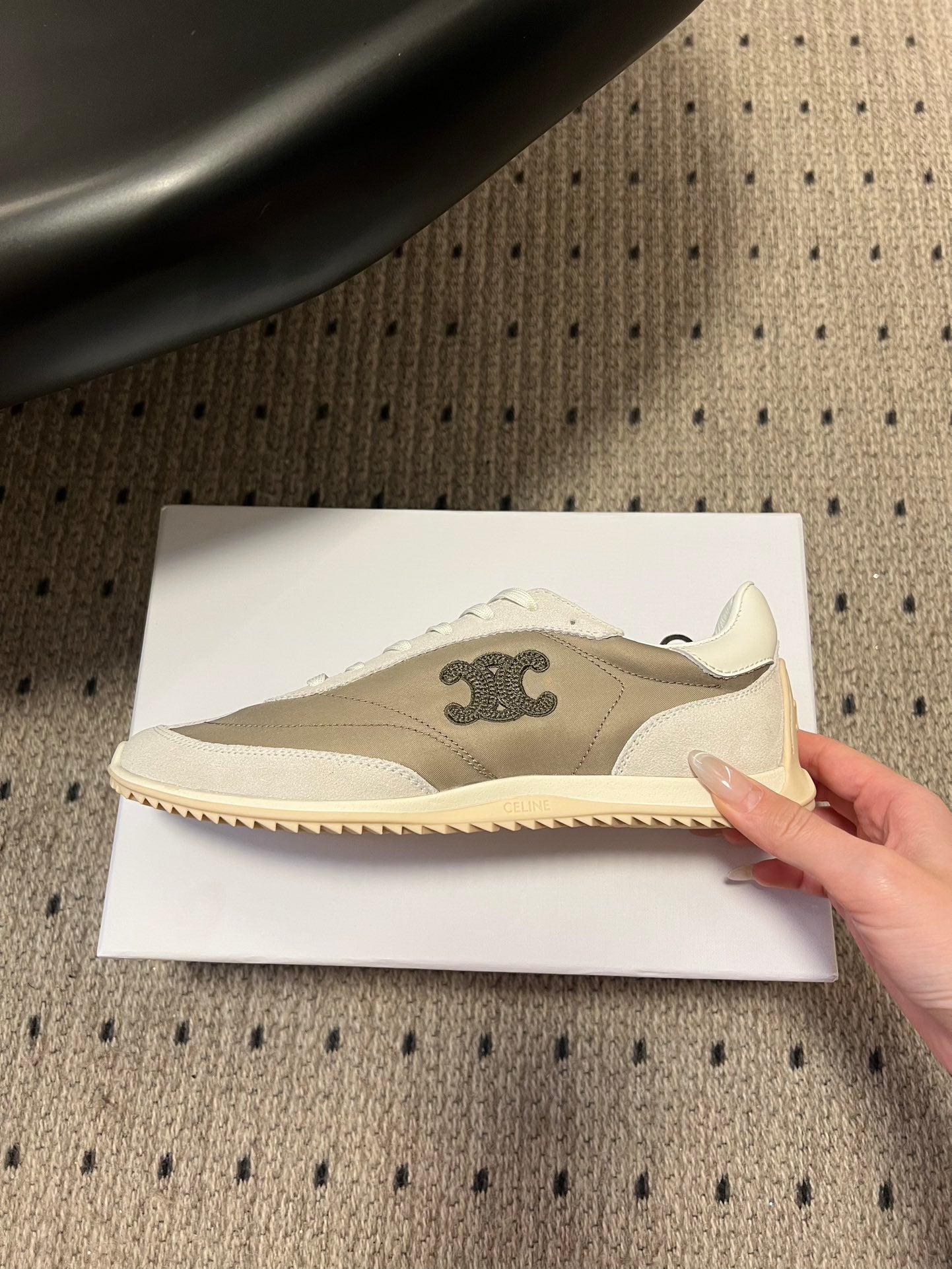 CELINE 26S RACER SNEAKERS IN WHITE SUEDE AND BEIGE GRAY FABRIC