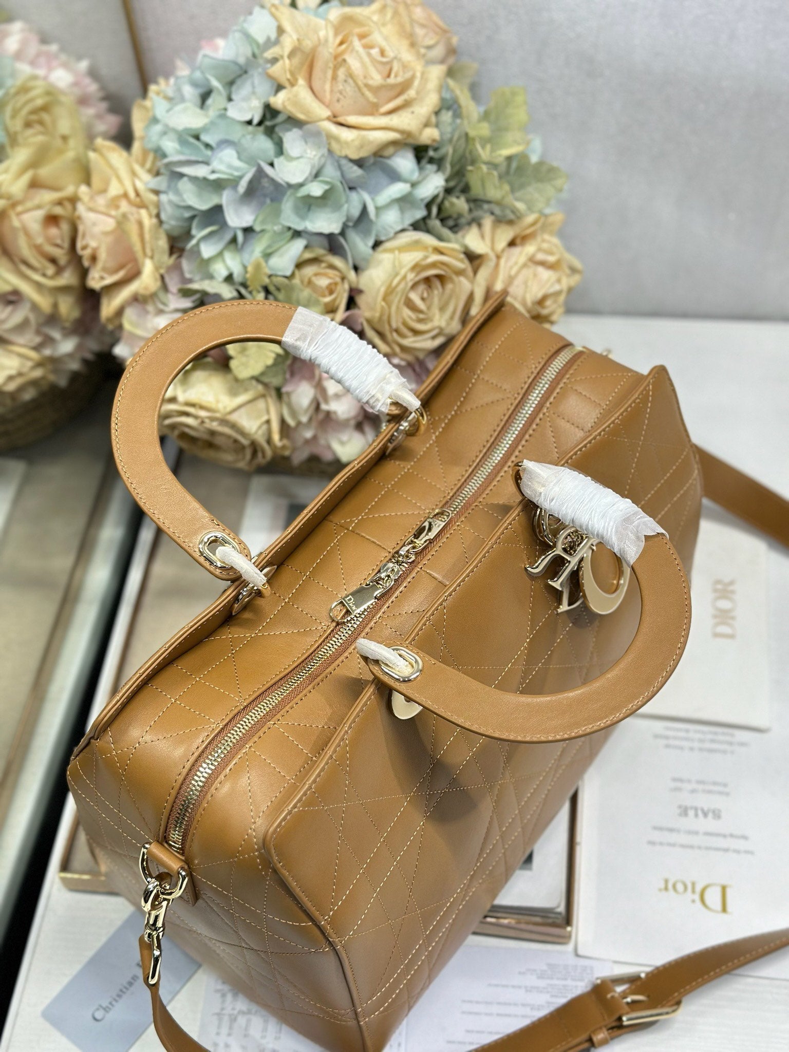DIOR 26S CANNAGE GRANVILLE BAG 34 IN LIGHT BROWN CALFSKIN