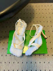 BOTTEGA VENETA 26S SQUARE-TOE HIGH-HEEL SANDALS 90 MM IN WHITE LAMBSKIN AND WOOL