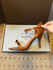 PRADA 26S POINTED-TOE STRAPPY HIGH-HEEL SANDALS 80MM IN CARAMEL BROWN CALFSKIN