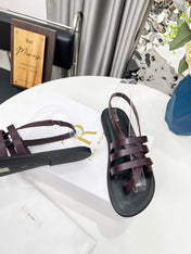 THE ROW 26S MINIMAL STRAPPY FLAT SANDALS IN WINE RED CALFSKIN