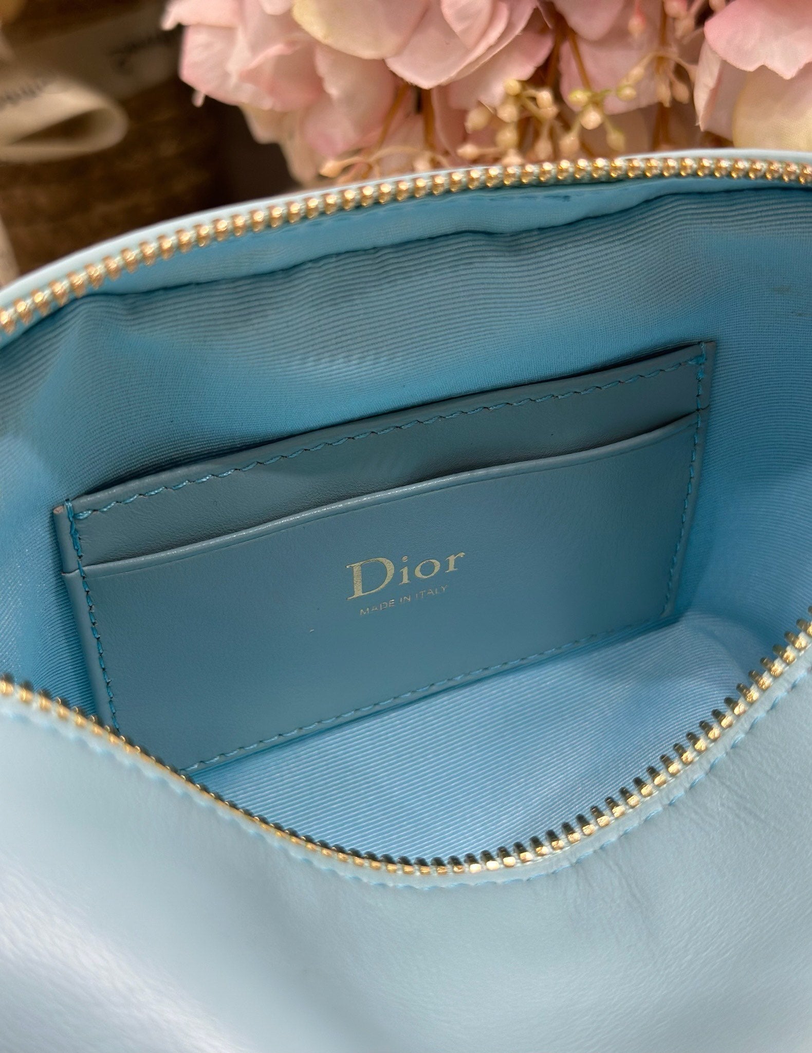 DIOR 26S BOW POUCH BAG 20 IN BLUE LAMBSKIN