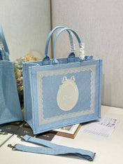 DIOR 26S BOOK TOTE BAG 42 IN BLUE AND WHITE LACE BAYADERE FABRIC