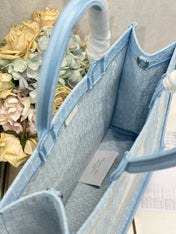 DIOR 26S BOOK TOTE BAG 42 IN BLUE AND WHITE LACE BAYADERE FABRIC