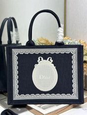 DIOR 26S BOOK TOTE BAG 36 IN BLACK AND WHITE LACE BAYADERE FABRIC