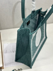 DIOR 26S BOOK TOTE BAG 36 IN TEAL GREEN AND WHITE BAYADERE FABRIC