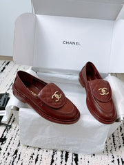 CC QUILTED FLAP LOAFERS IN BURGUNDY RED CALFSKIN GOLD HARDWARE