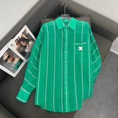 CELINE TRIOMPHE EMBROIDERED T-SHIRT IN GREEN COTTON