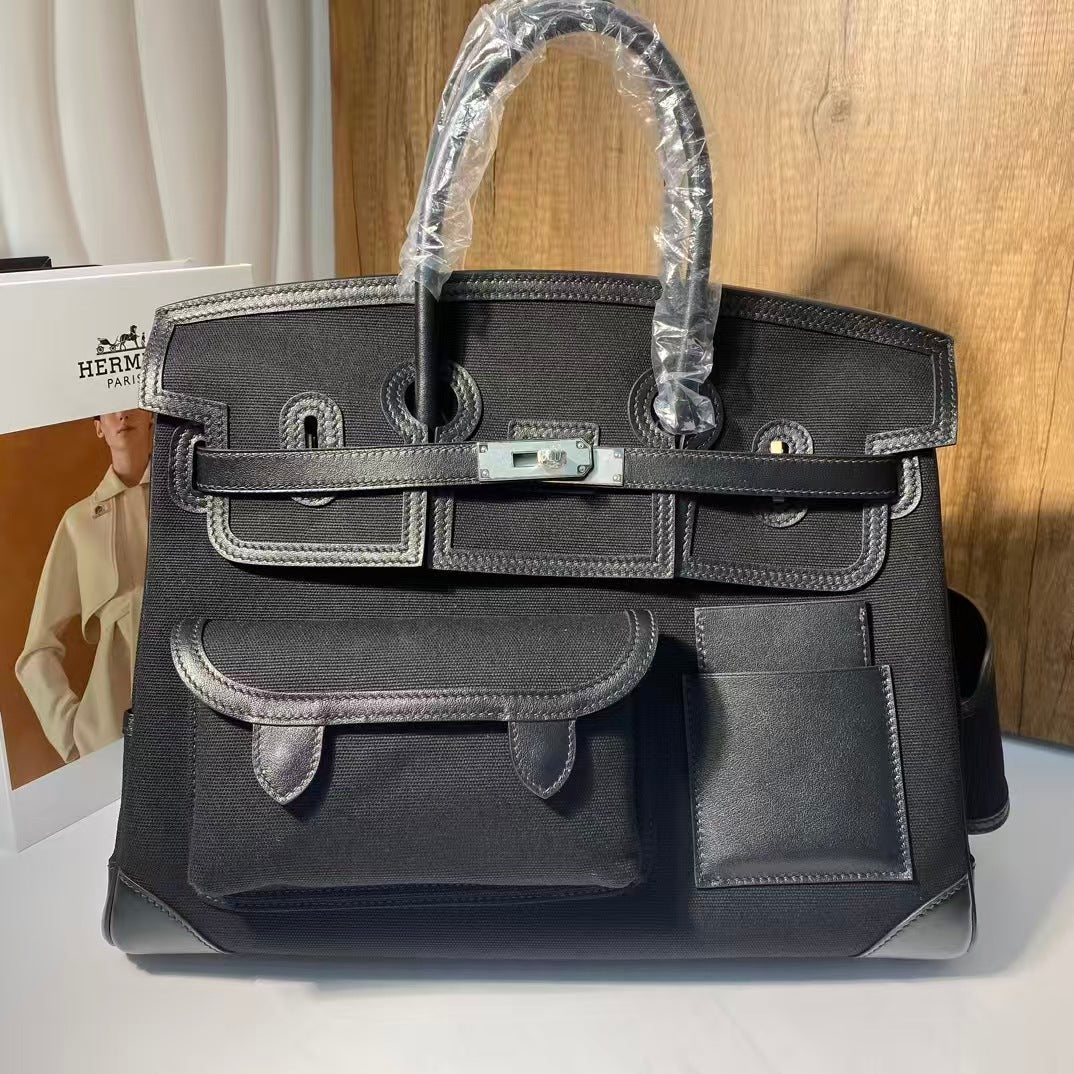 BIRKIN CARGO 35CM BLACK CANVAS AND LEATHER SILVER HARDWARE