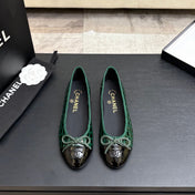 CHANEL 26S BALLET FLATS IN BLACK & GREEN PATENT LEATHER