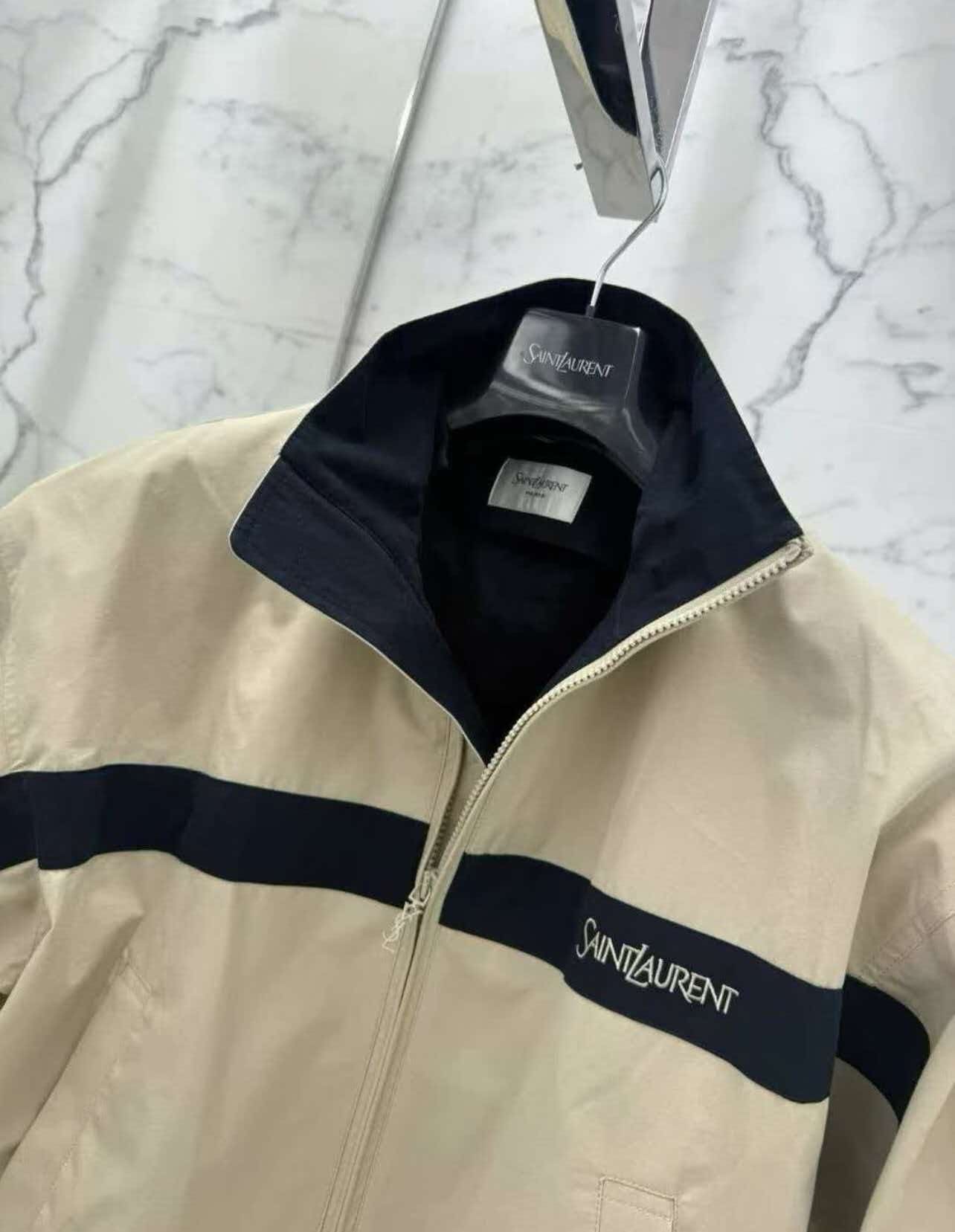 YSL 26S ZIP-UP JACKET IN BEIGE & NAVY COTTON