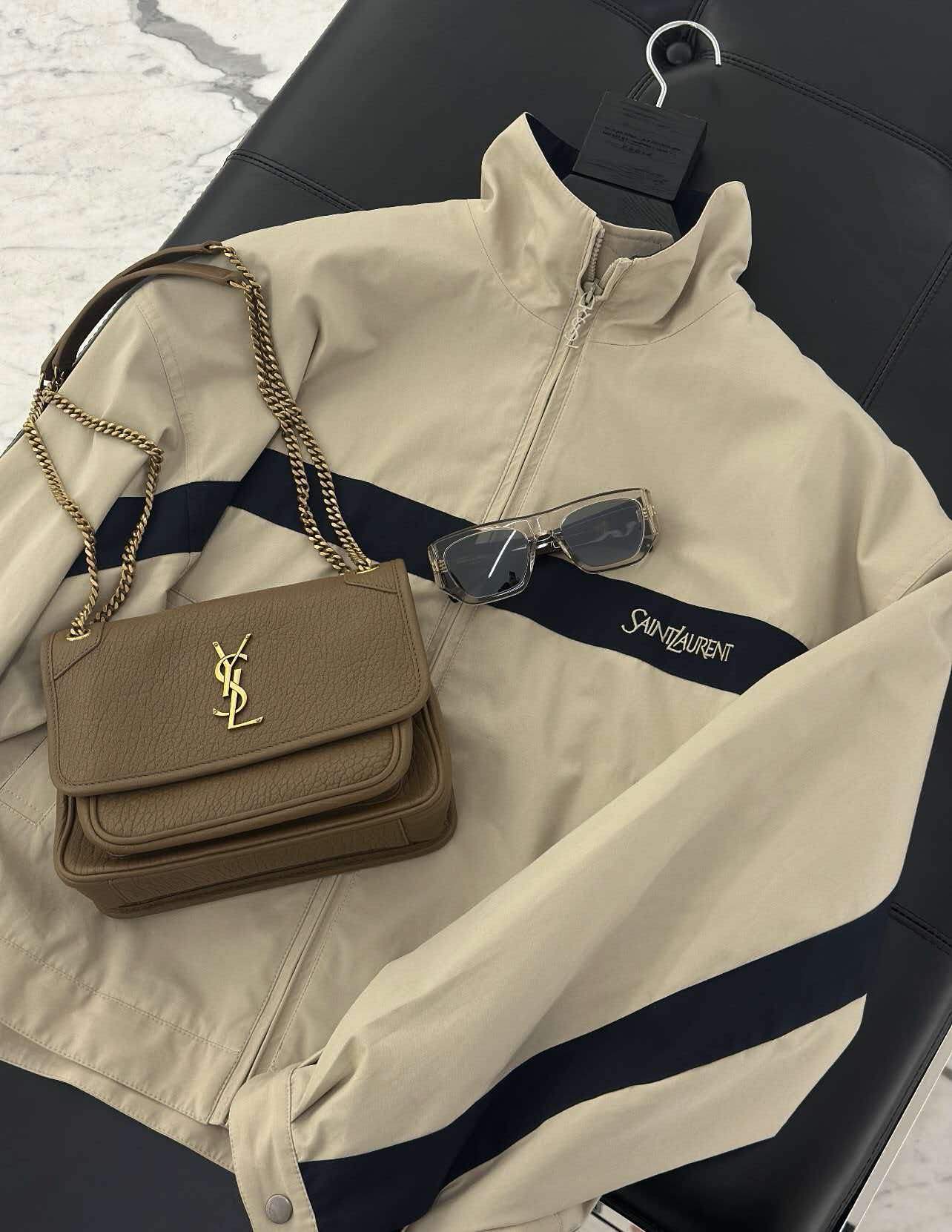 YSL 26S ZIP-UP JACKET IN BEIGE & NAVY COTTON