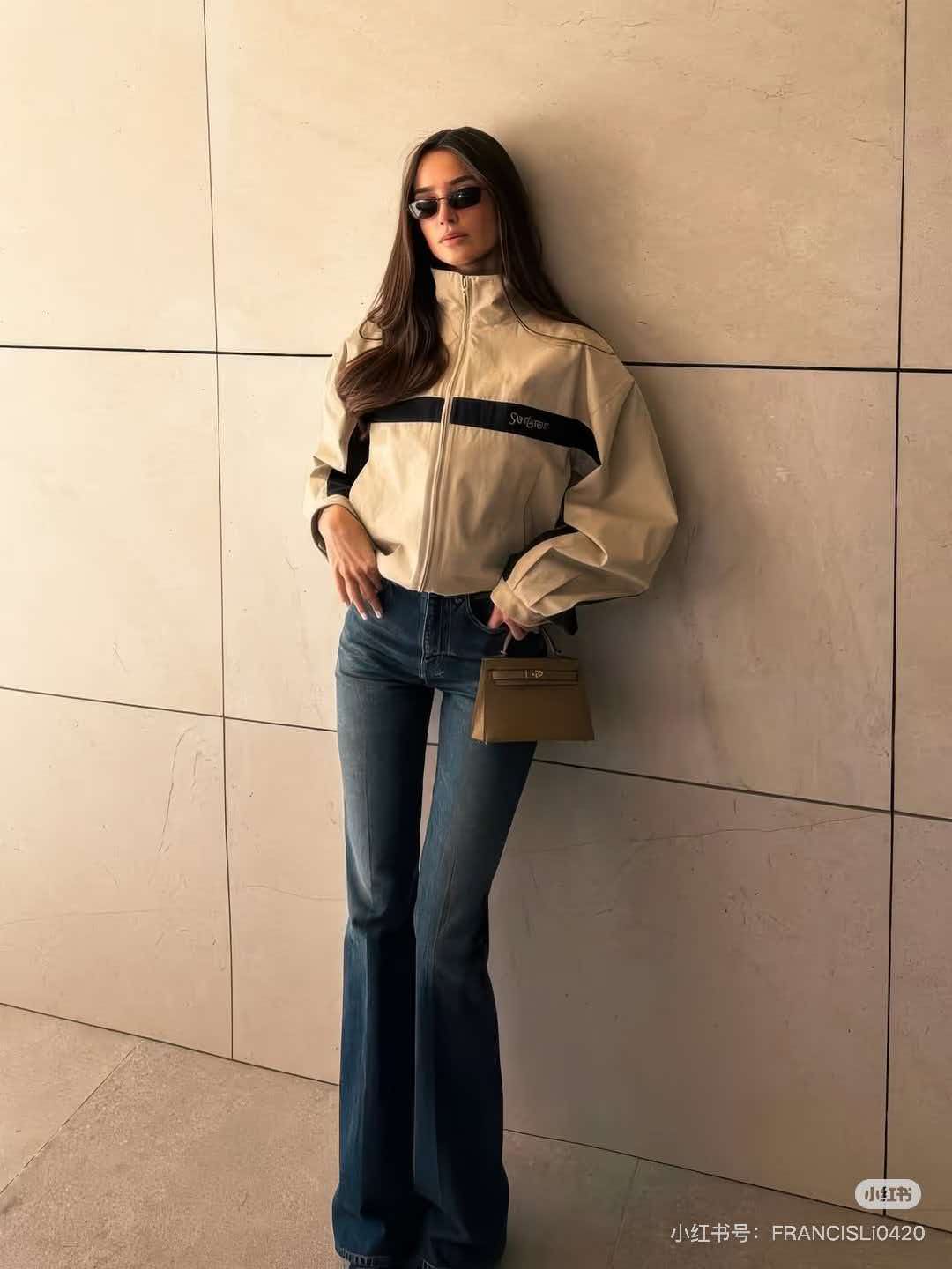 YSL 26S ZIP-UP JACKET IN BEIGE & NAVY COTTON