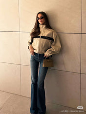 YSL 26S ZIP-UP JACKET IN BEIGE & NAVY COTTON