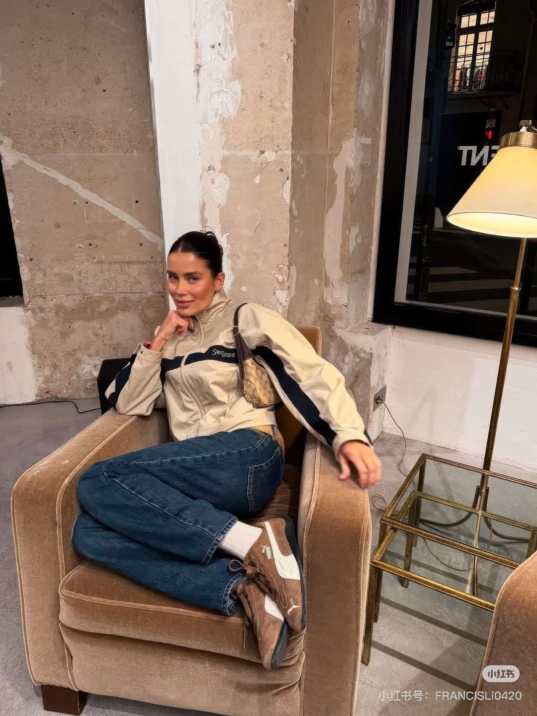 YSL 26S ZIP-UP JACKET IN BEIGE & NAVY COTTON