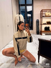 YSL 26S ZIP-UP JACKET IN BEIGE & NAVY COTTON