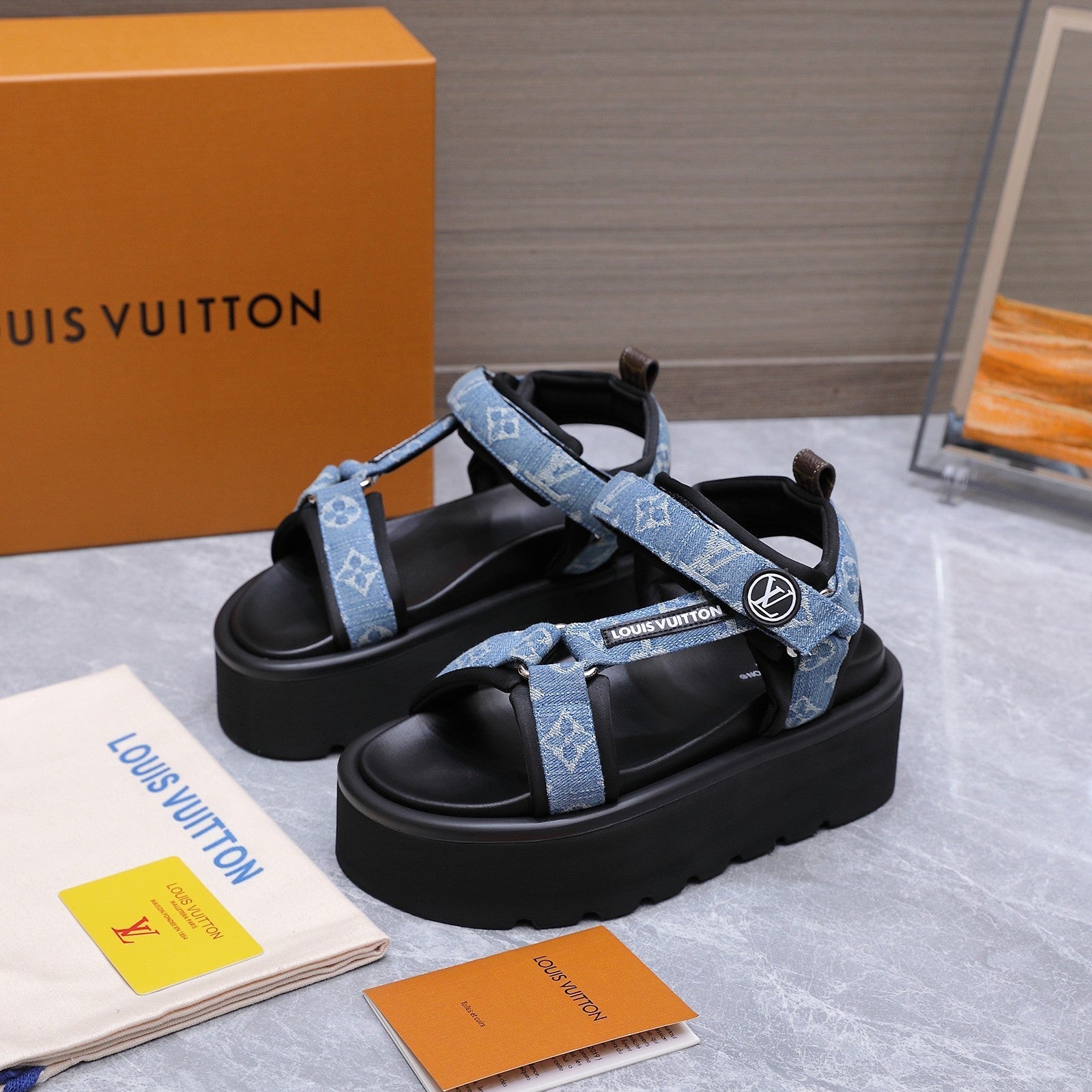 LV 26S CHAMELEON PLATFORM SANDALS 60MM IN BLUE MONOGRAM DENIM AND EVA