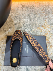 YSL 26S FLAT MULES IN LEOPARD PRINT CANVAS 