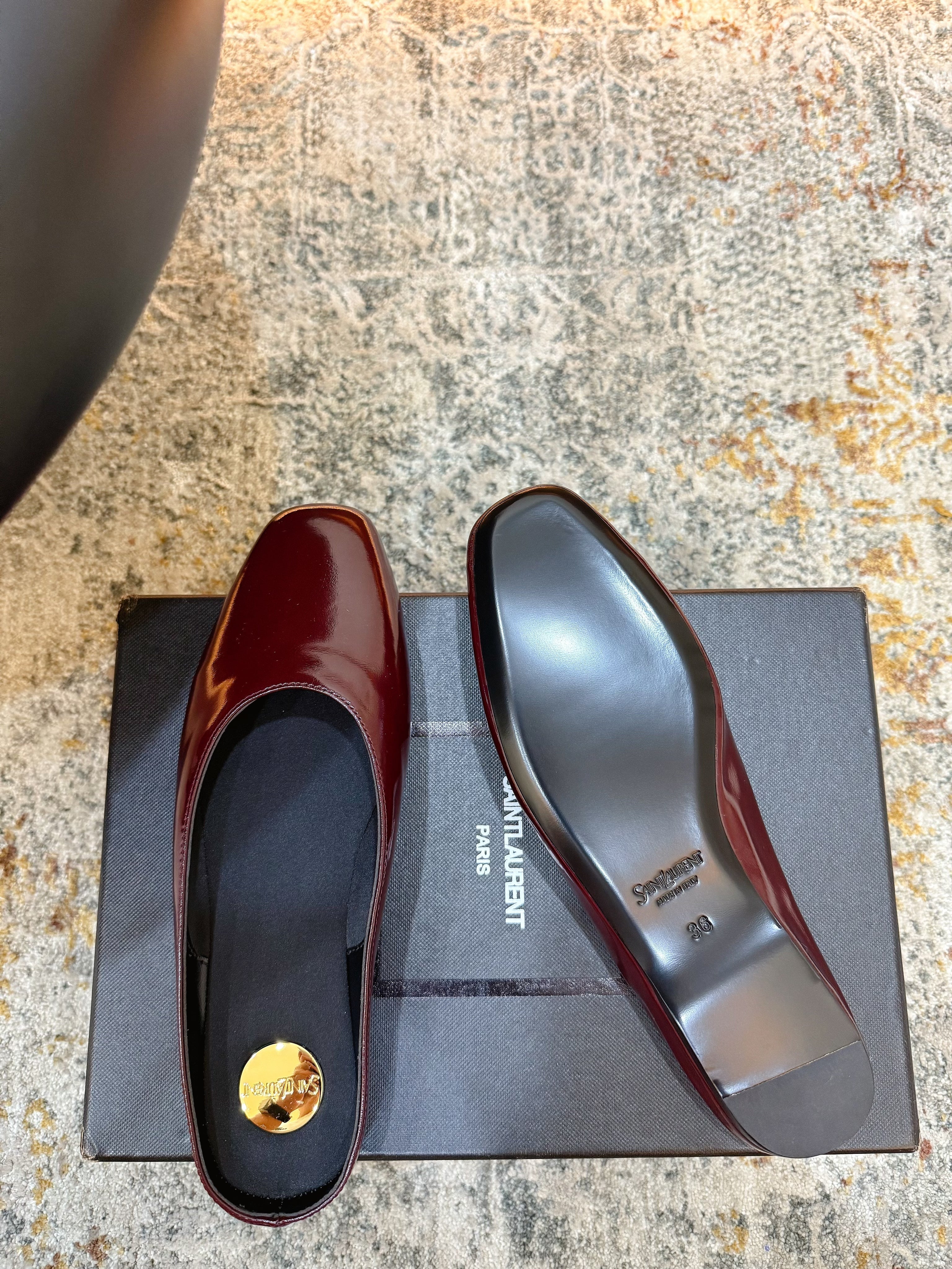 YSL 26S FLAT MULES IN DARK RED CALFSKIN