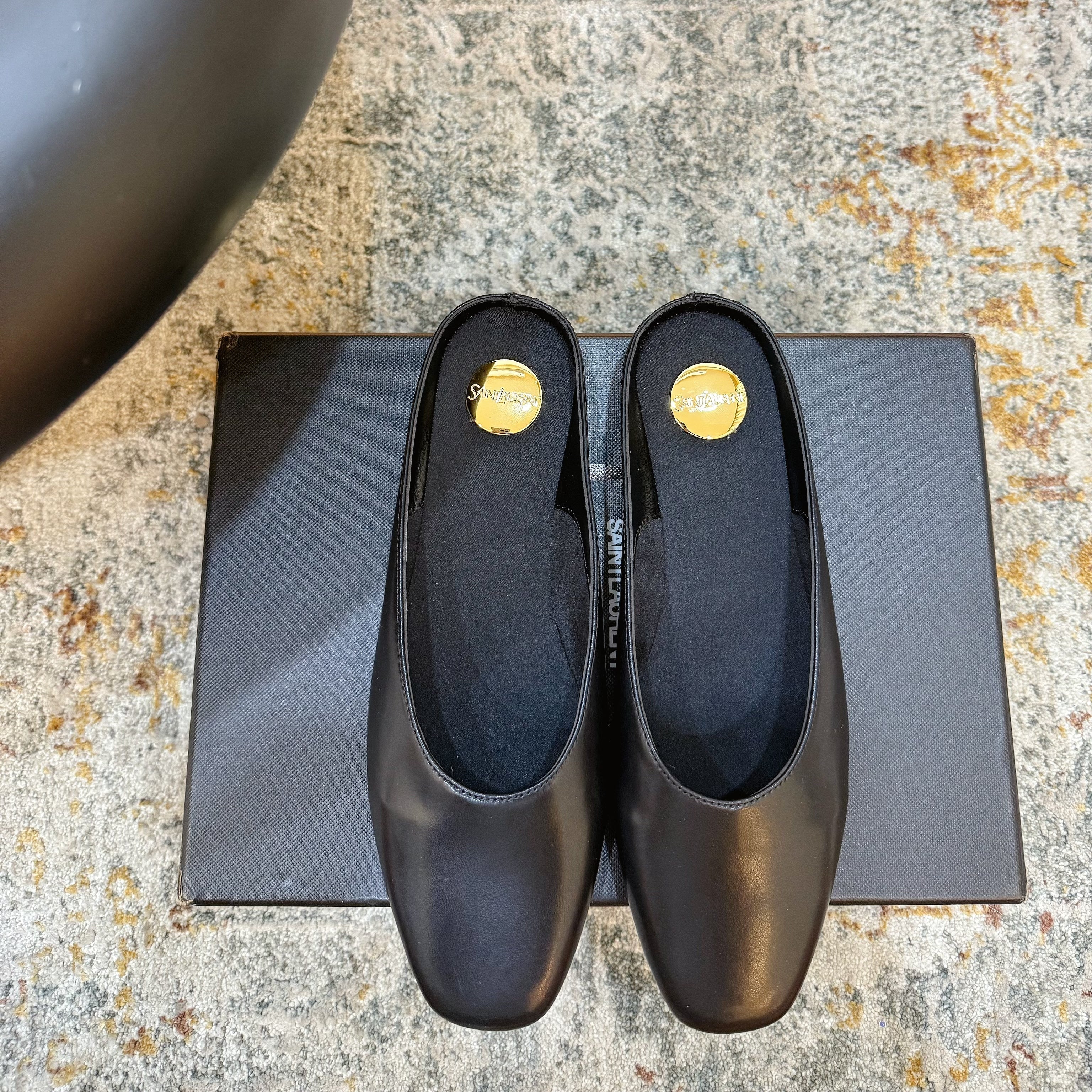 YSL 26S FLAT MULES IN BLACK CALFSKIN