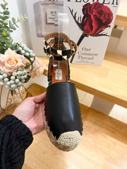 BLACK LEATHER ROCKSTUD ESPADRILLES ANKLE STRAP FLATS