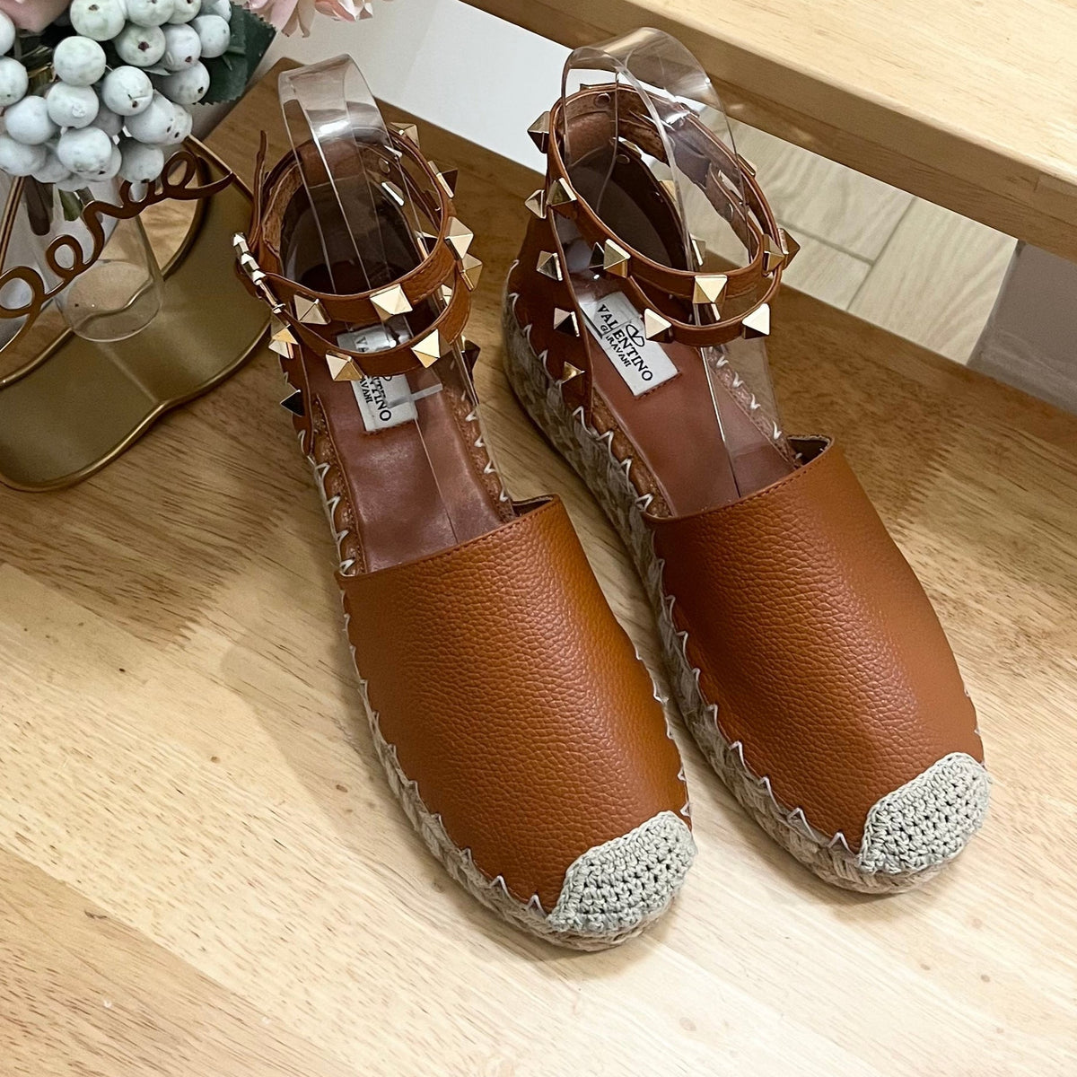 BRONZE BROWN LEATHER ROCKSTUD ESPADRILLES ANKLE STRAP FLATS