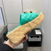 THICK SOLE WEDGE SLIPPERS IN PERSIAN GREEN LAMBSKIN AND BEIGE RUBBER