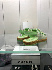 VELCRO SANDALS IN GREEN PASTEL LAMBSKIN AND TWEED FABRIC
