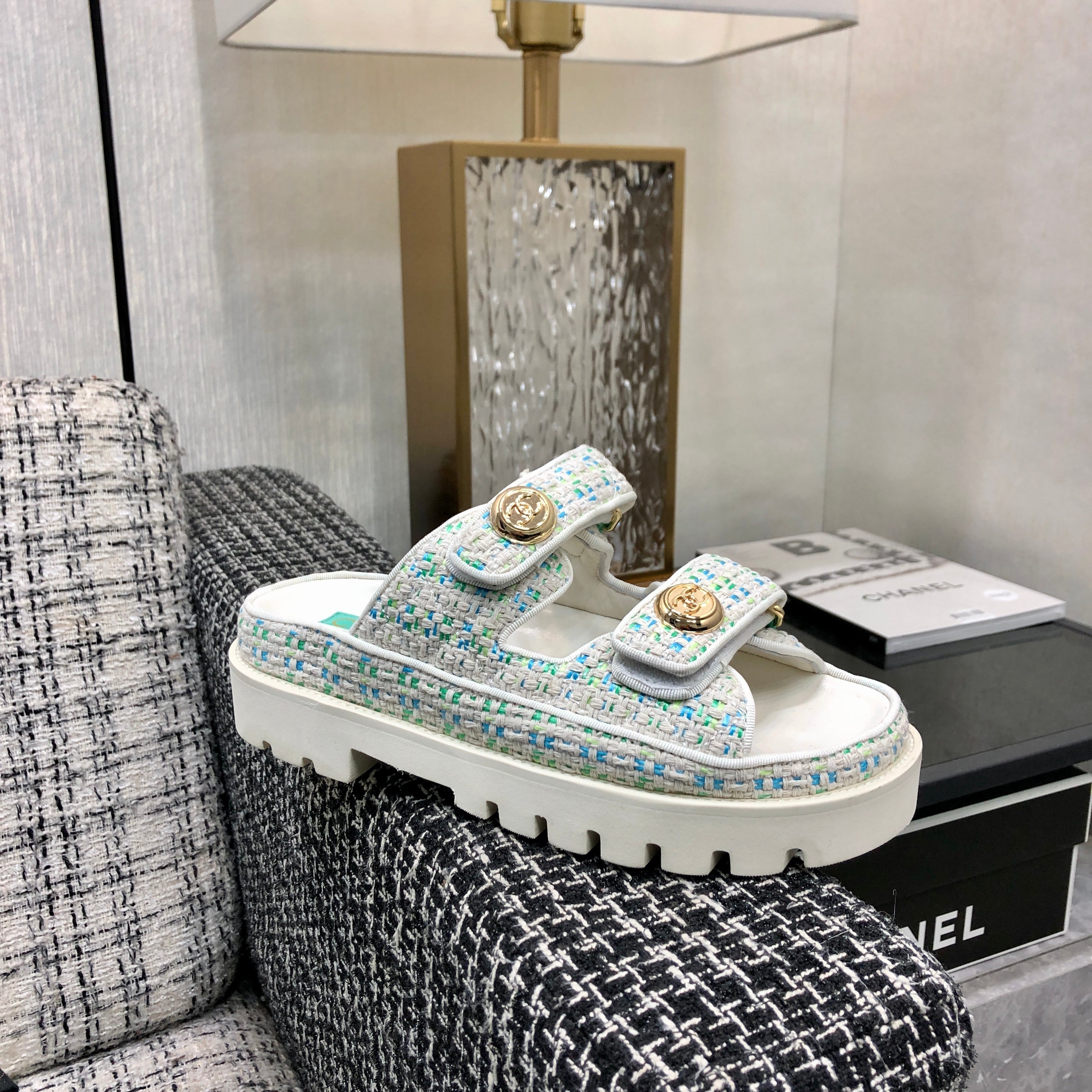 DAD SANDAL MULE IN WHITE MIX PERSIAN GREEN TWEED FABRIC