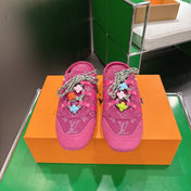 LV 26S MULE SNEAKERS IN DARK PINK DENIM AND SUEDE WITH FLOWER CHARM